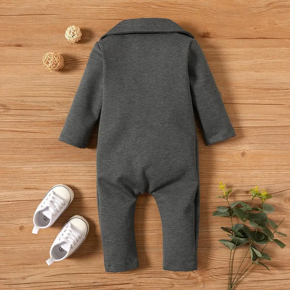 PatPat New Spring And Autumn Baby Gentleman Solid Jumpsuit for Baby Boy Bodysuits Clothes Solid Big Lapel Long-sleeve Jumpsuit