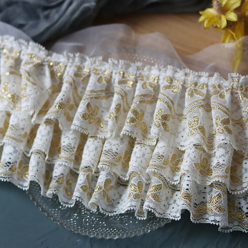 11CM Wide Three Layers Gold Silk Embroidered Lace Applique Ribbon Dress Collar Ruffle Trim Wedding Fluffy Dress DIY Sewing Decor