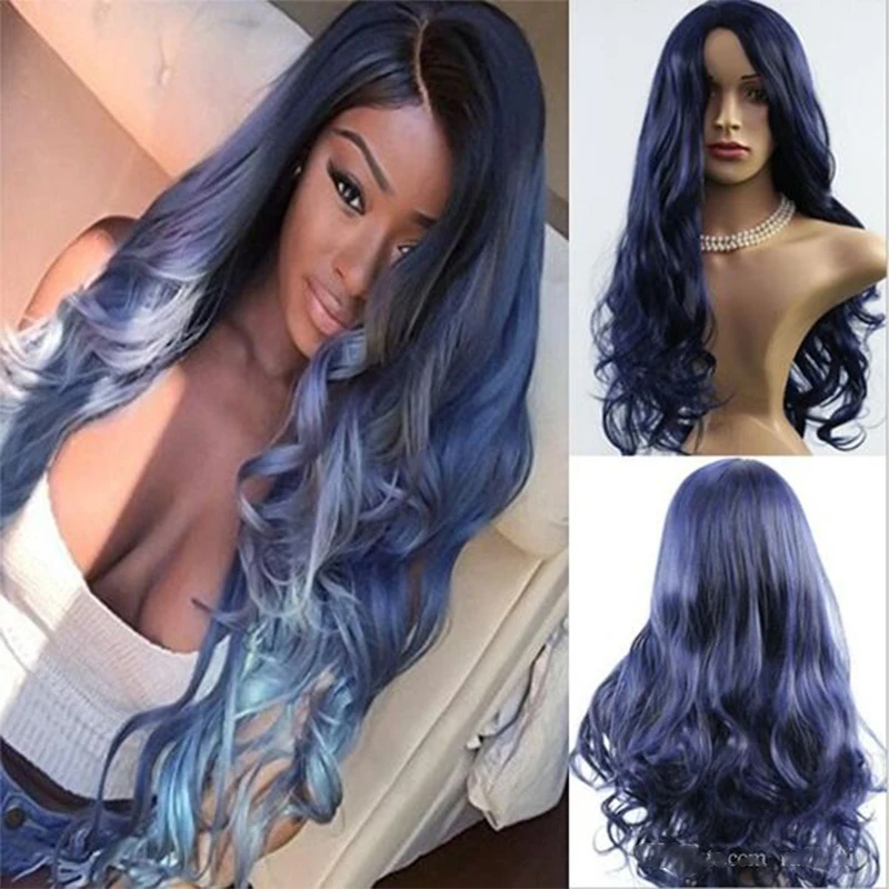 Green Blue Lace Front Wigs for Women Body Wave Dark Blue Ombre Wig with Black Roots Long Synthetic Colorful Lace Wig 24 inches