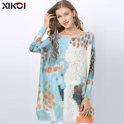 XIKOI Winter Oversized Sweaters For Women Long Wool Pullovers Loose Sky Blue Knitted Patchwork Jumper Printed O-neck Pull Femme