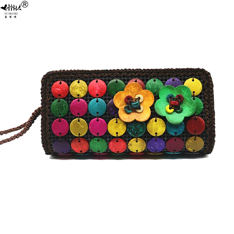 Original Handmade Long Hand Wallet Purses Wrist Coconut Shell Phone Bags Women Bohemian Wallets Lady Travel Bag Bags