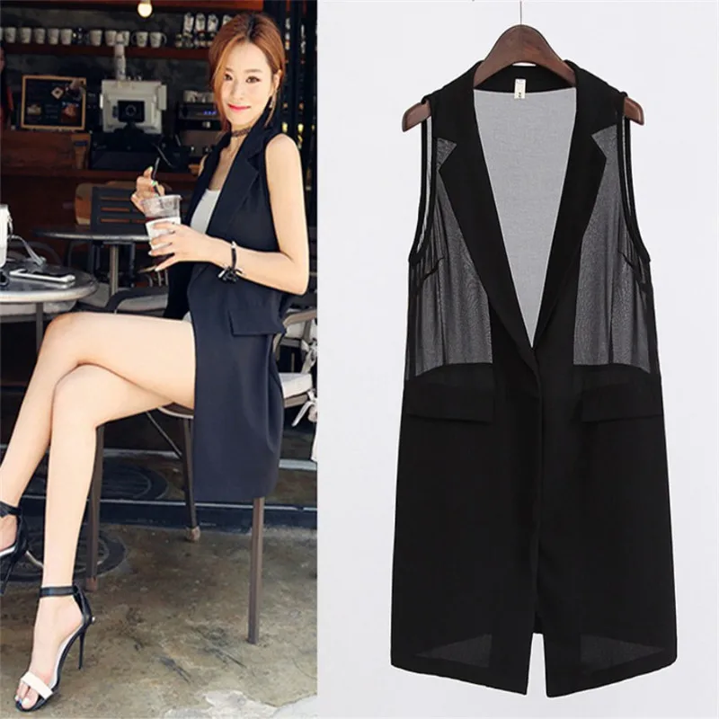 2021 Summer Vest Jacket Women Plus Size 5XL Black Chiffon Sleeveless Blazers Outerwear Female Perspective Casual Waistcoat