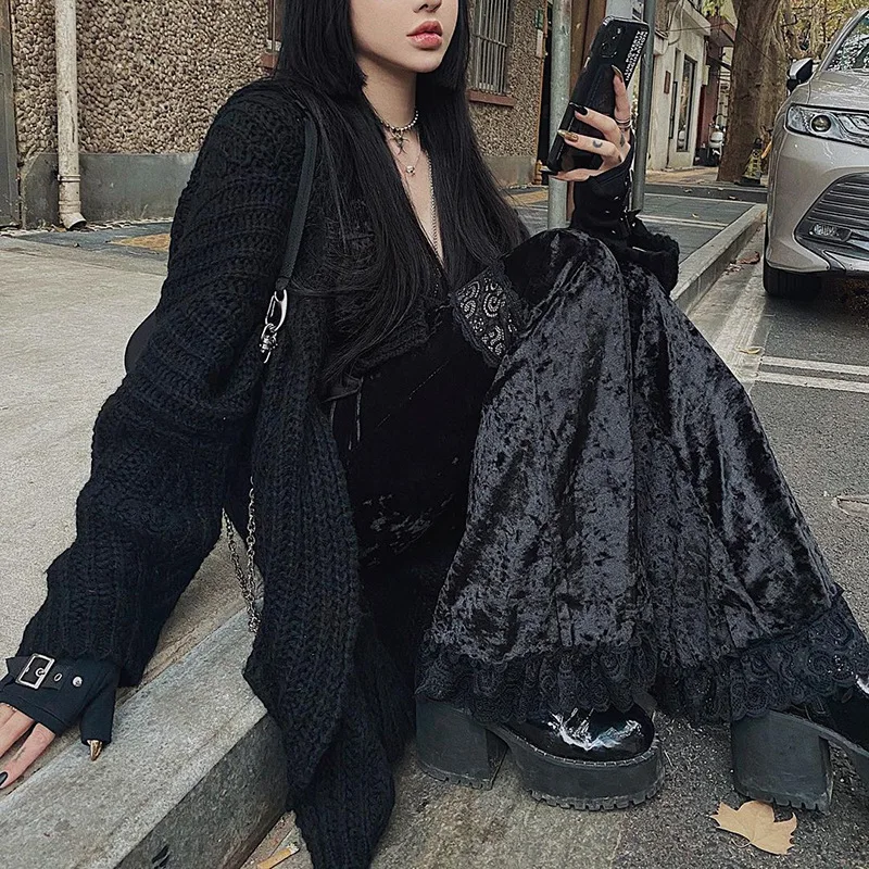 Sexy Fashion Patchwork Lace Solid Flare Pants Women Gothic Dark High Waist Loose Trousers 2021 New Street Suede Pants