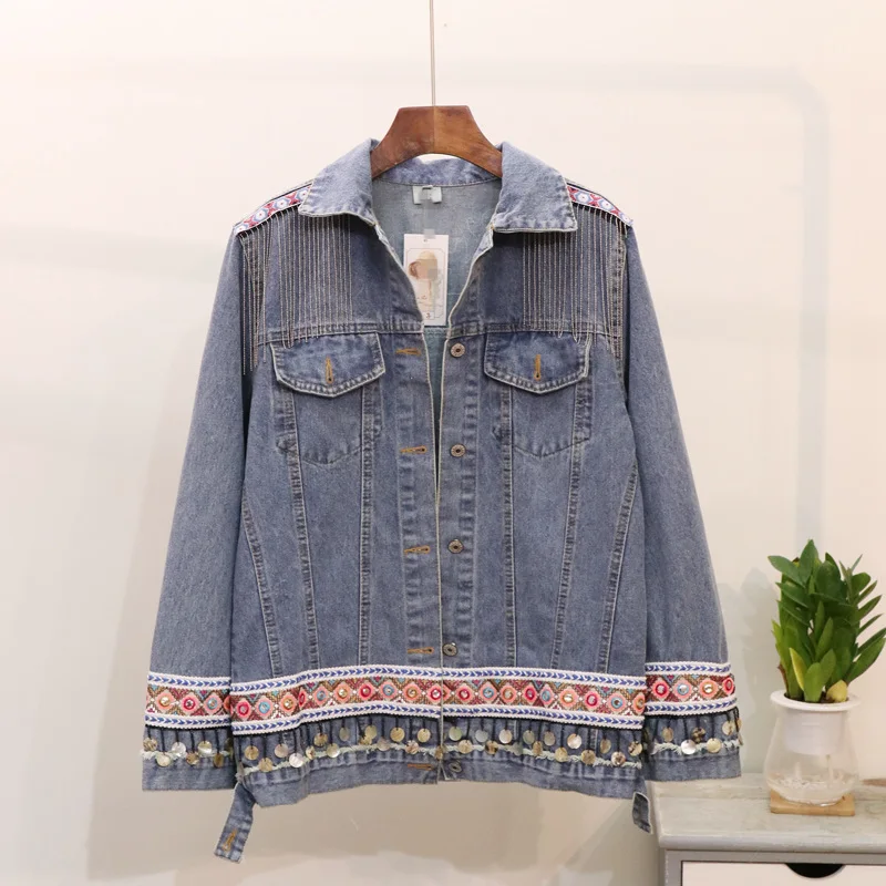 Denim Jacket Female Autumn Vintage Ethnic Appliques Embroid Tassels Bead Loose Sleeve Outerwear Jacket Women Chaquetas Mujer