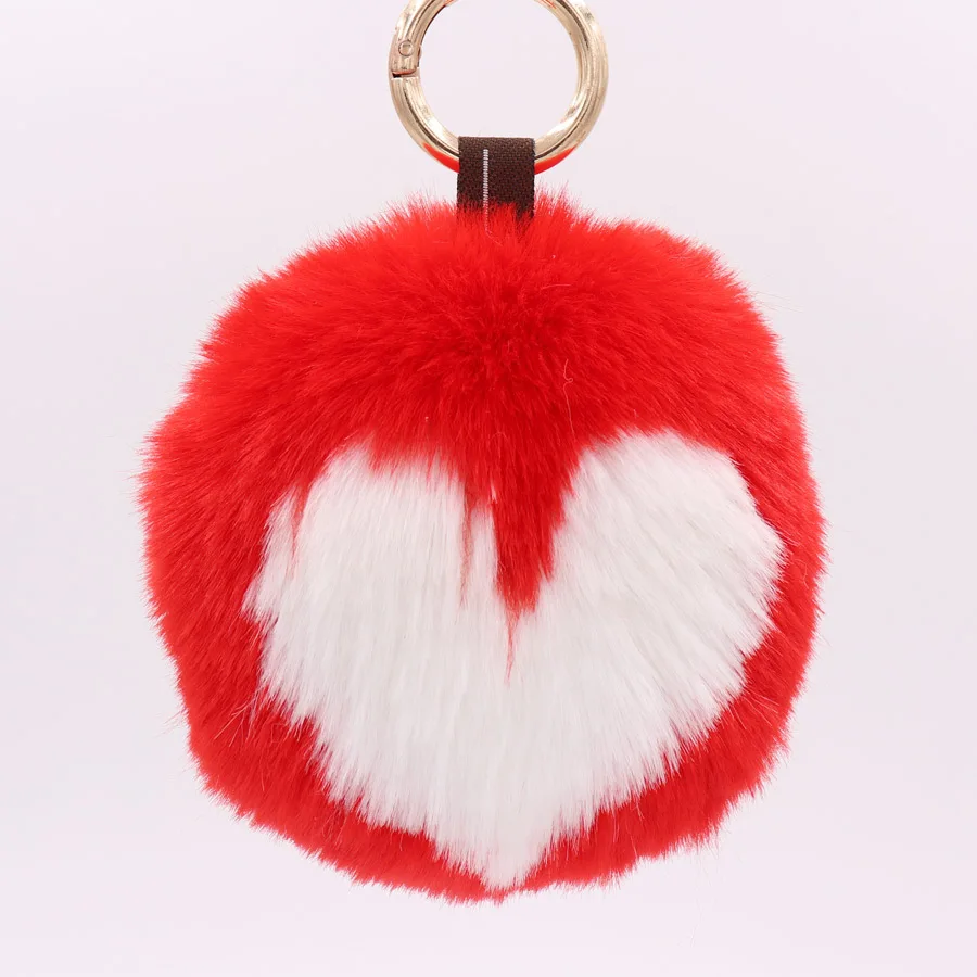 New Sweet fashion color matching round heart Fake Rabbit Fur Ball Key Chain Pompom Key Chain Key Rings  Girl Women Bag  Jewelry