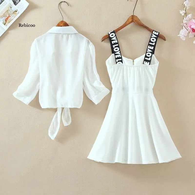 Fashion Women Lantern Sleeve Turn Down Chiffon Shirt Top + Mini Short A Line Letter Spaghetti Strap Dress New Two Pieces Sets