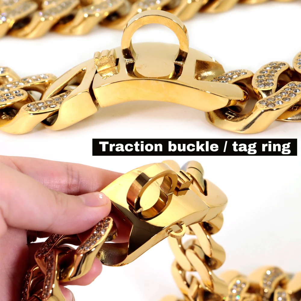 Luxury Rhinestone Dog Collar Chain Bling Diamond Customized 32mm Stainless Steel Pet Dog Collar Leash Bulldog Pitbull French