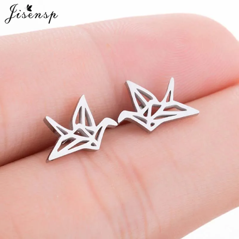 New Fashion Wholesale Jewelry Wild Origami Crane Stainless Steel Earrings for Women Cute Animal Bird Ear Studs Pendientes