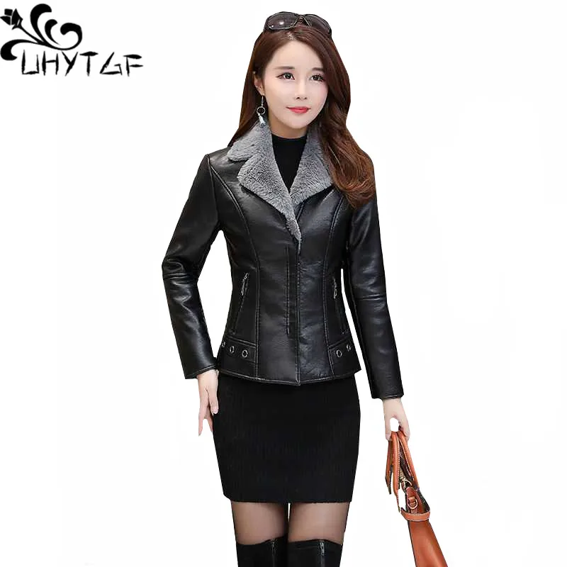 UHYTGF Winter Leather Jacket Women Fashion Fleece PU Leather Short Coat Korean Wild Thick Slim Warm Leather Jacket Female 3XL208