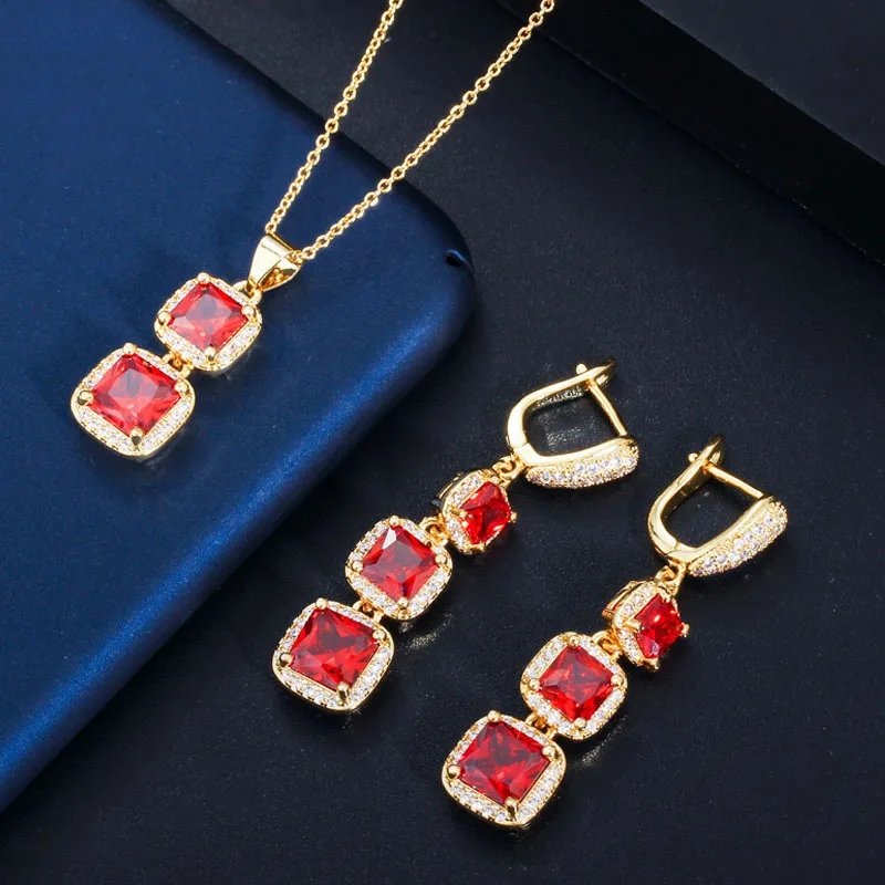 BeaQueen Trendy Green Cubic Zirconia Crystal Square Drop Earrings Pendant Necklace Sets for Women Evening Party Jewellery JS205