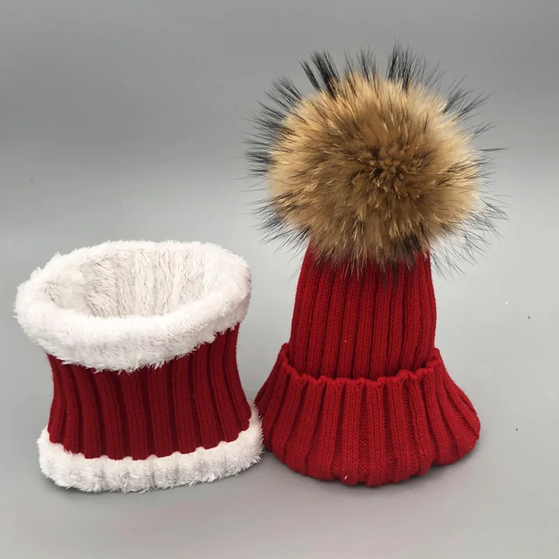 Conjunto infantil de forro de lã quente, bebê menino, meninas, crianças, 100% pele, pompom, Skullies, Gorros, Inverno, 2022