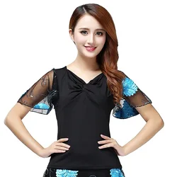 New Ballroom Dance Tops Standard Modern Dance Costume Flamenco Blouse Performance Clothes Waltz Dancewear Short Sleeves 7 Colors