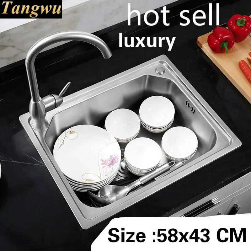 Free shipping Kitchen single trough sink household standard food grade durable 304 stainless steel hot sell 58x43 CM