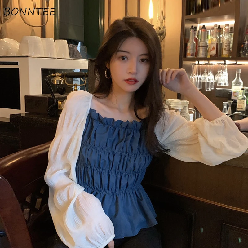 Blouses Women Patchwork Simple Fashion Square Collar Leisure Vintage Popular Chiffon Spring Feminine Clothing Ins All-match Soft