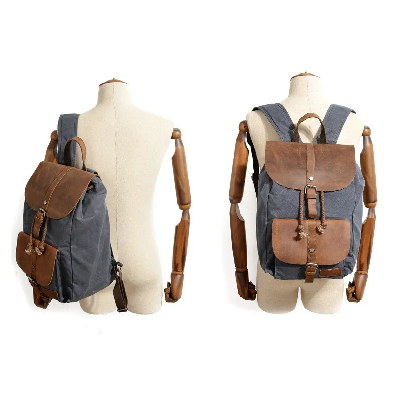 Vintage Leather + Waxed Canvas Backpack Men Laptop Bagpack Teenager School Bookbag Waterproof Large Capacity Travel Rucksack