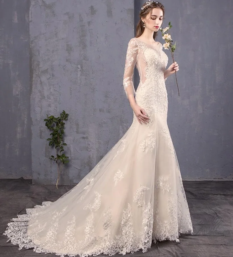 Gorgeous O-Neck 3/4แขนยาว Sweep Train ภาพลวงตาลูกไม้ Mermaid ชุดเจ้าสาวชุด Vestidos De Novia