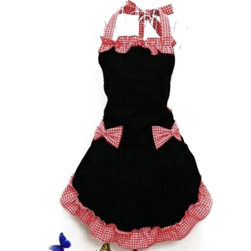 Cute Apron Retro Bowknot Plaid Ruffle Side Cooking Aprons With Pockets For Women Girls Adult Bibs Kitchen Coffee Shop Aprons