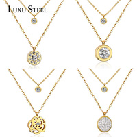 LUXUSTEEL Round AAA Cubic Zirconia Double Round Pendants Necklace Stainless Steel  Chain Necklace Wedding Jewelry