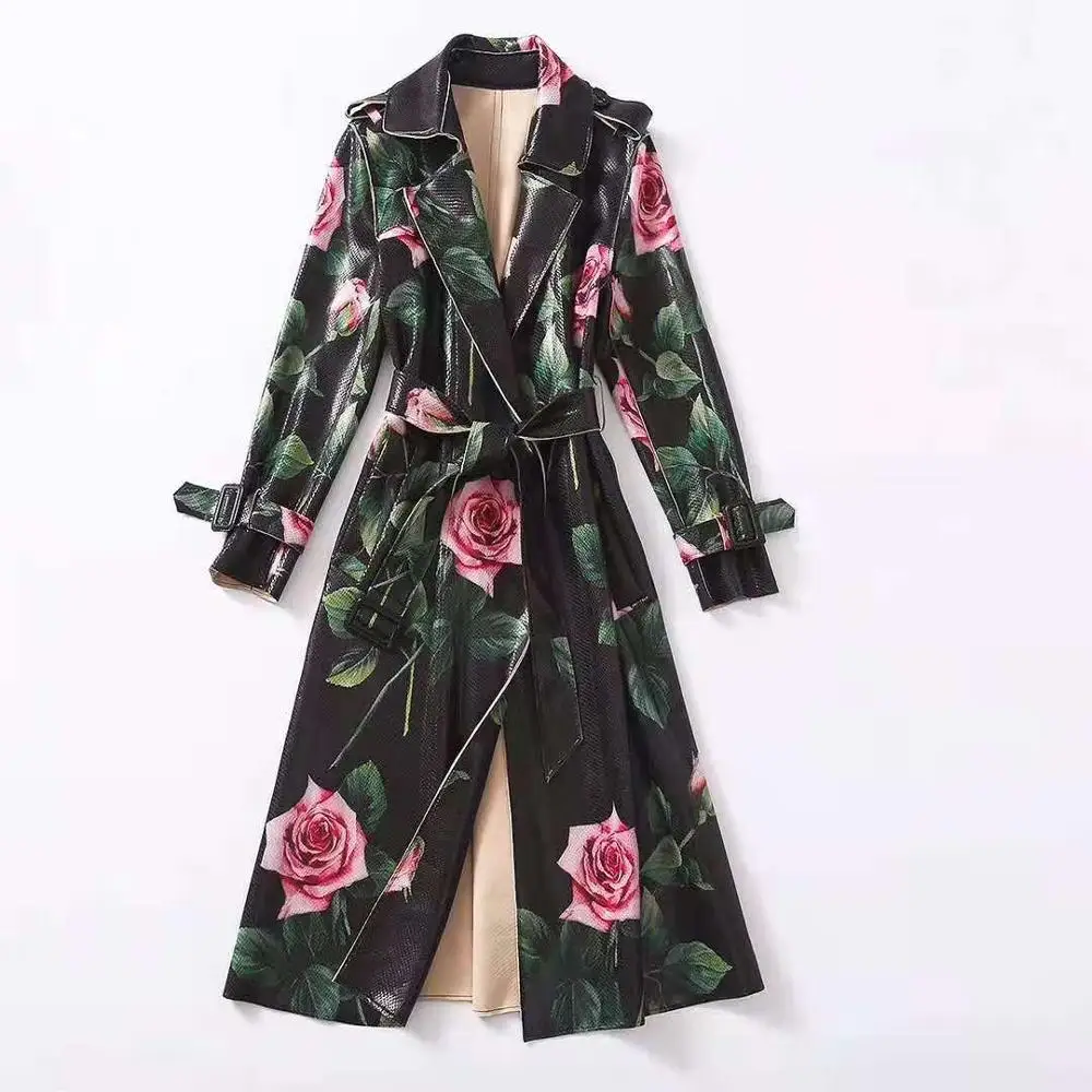 European and American women\'s wear 2024 winter new style Long-sleeved suit collar lace-up Fashion rose print suede Trench coat