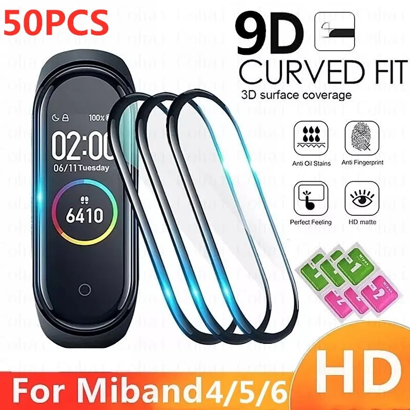 50PCS Film For Xiaomi Mi Band 4 6 5 Band6 MiBand6 9D Curved Protective Film On Xiomi MiBand 6 Smart Wristband Strap Not Glass