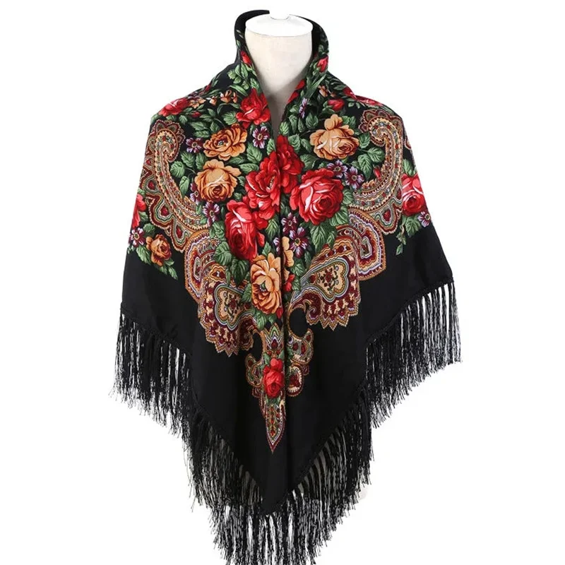 

National Style Printed Shawl Female Large Size Tassel Cotton Scarf Spring Fall Elegant Middle Aged Mother Air-conditioned Shirt