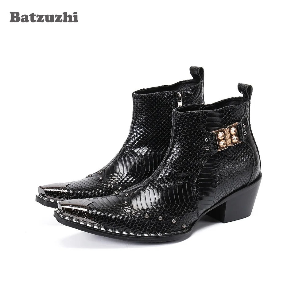 

Batzuzhi 6.5cm Heels High Men's Ankle Boots Pointed Toe Black Genuine Leather Boots Men Botas Hombre, Big Sizes 38-46, US6-US12