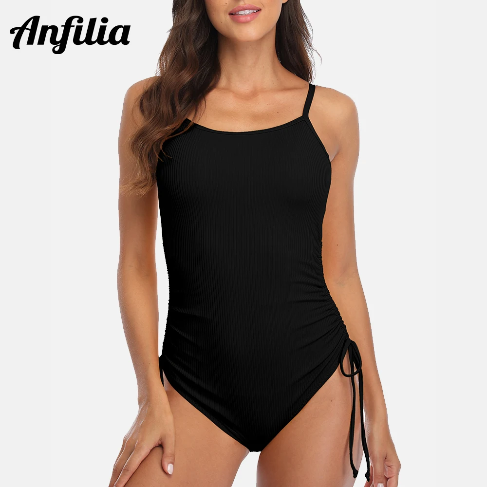 

Anfilia Women's Ribbed One Piece Swimsuits Tie Side High Cut Bathing Suits Padded Monokinis Swimwear купальник слитный