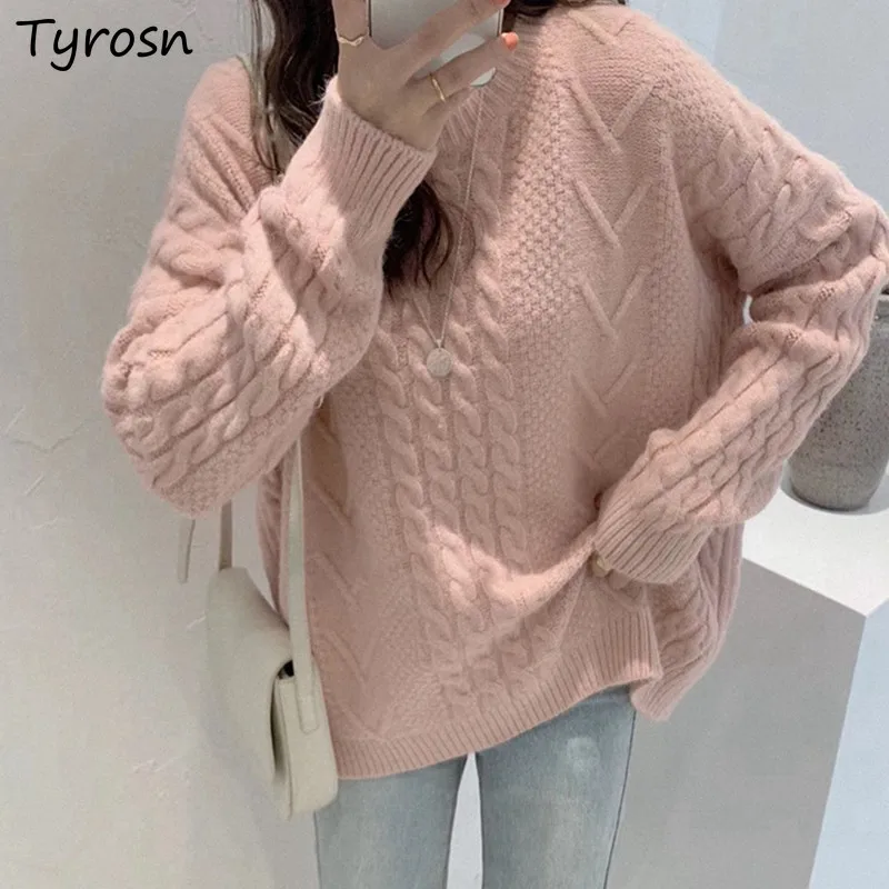 

Pullovers Women Retro Keep Warm Thicker All-match Twist Pattern O-neck Knitted Tops High Street Solid Long Sleeve Sweaters Mujer