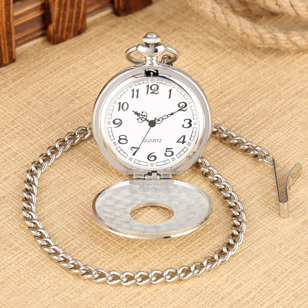 Silver Color Cover Pocket Watch Classic Half-hollow with Roman Numerals Case Pocket Watches Alloy Slim Chain Pendant Watch