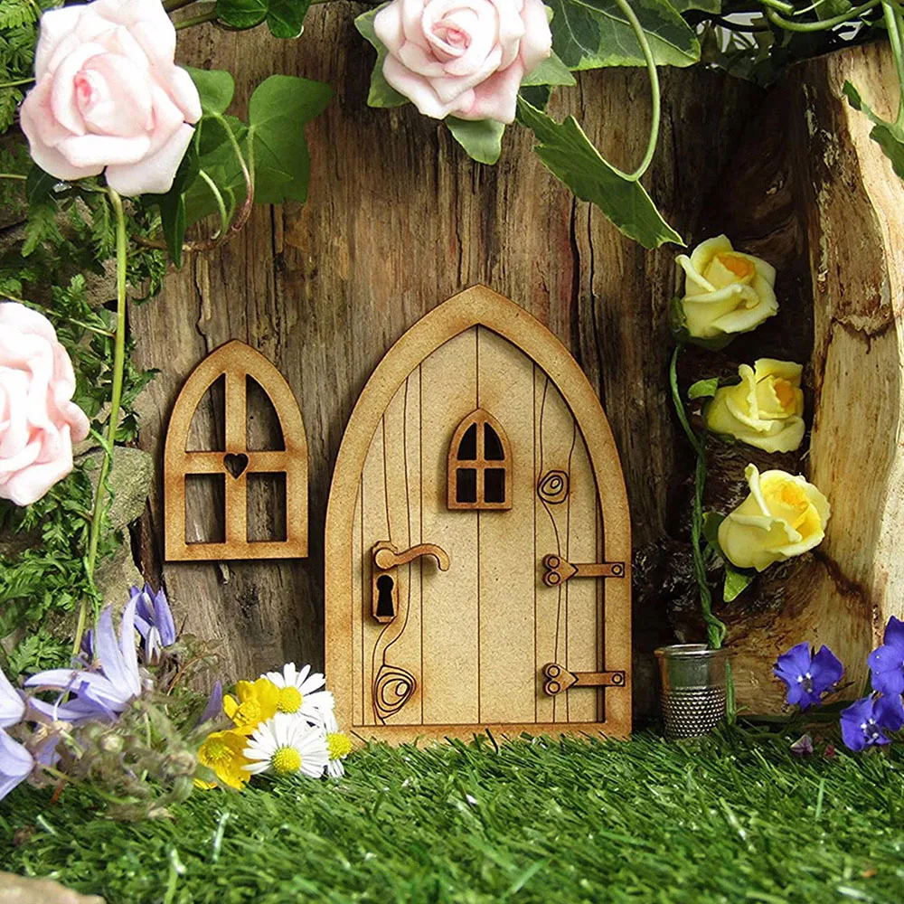 Set 3 Portine Fatate In Legno Dipinte A Mano – Decorazione Da Giardino Con Coniglietto, Edera E Finestra A Cuore, Per Alberi, Pareti E Vasi