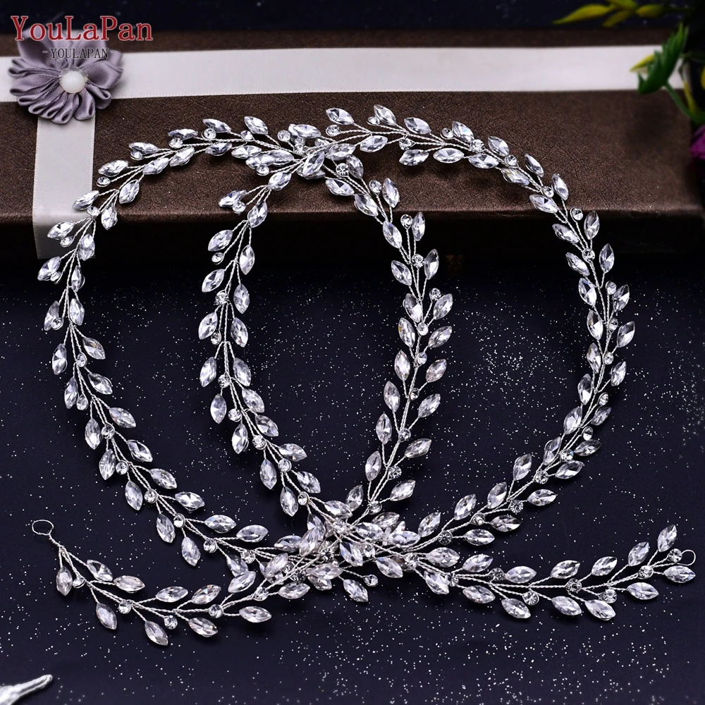 TOPQUEEN Handmade Wedding Hair Vine Silver Rhinestone Bridal Headband Long Women Headwear Wedding Party Hair Accessories  HP394