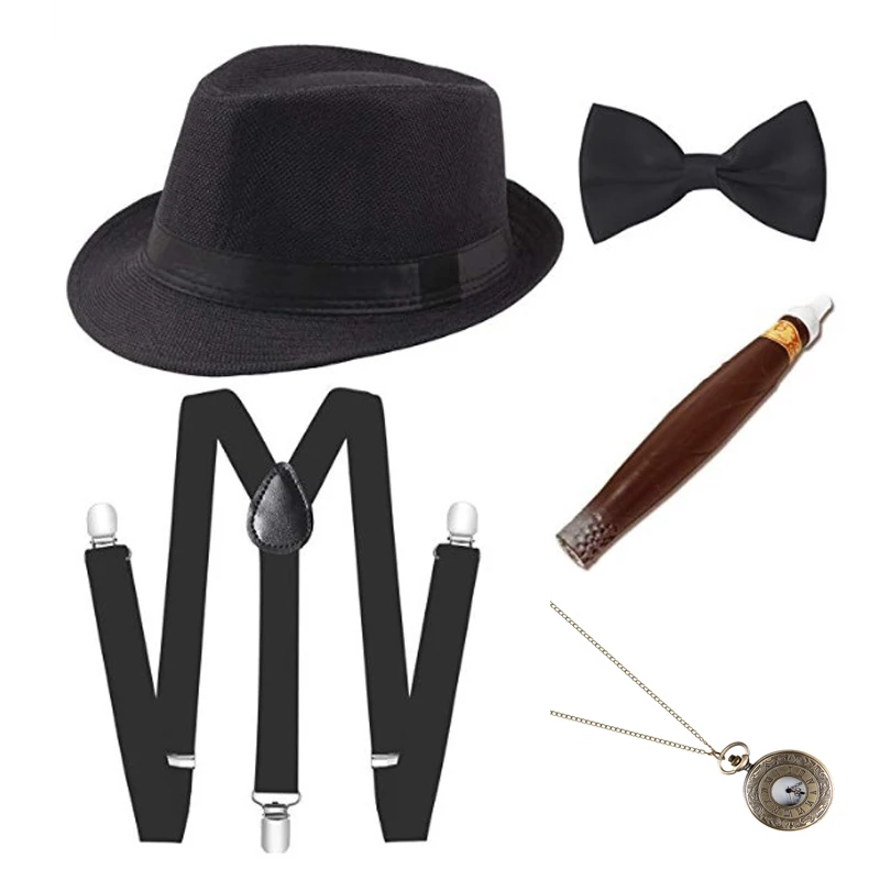 1920S Mens Great Gatsby Zubehör Set Roaring 20s 30s Retro Gangster Kostüm Krawatte Hut SCHWARZ WEIß BLAU ROT GRAU