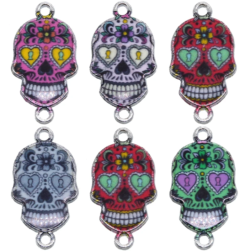 6pcs  Silver Color Enamel Flower Skull Connector for The Jewelry Earrings Accessories Findings DIY 14*26*2mm wholesale