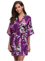 Brand Purple Female Printed Floral Kimono Dress Gown Chinese Style Silk Satin Robe Nightgown Flower S M L XL XXL XXXL
