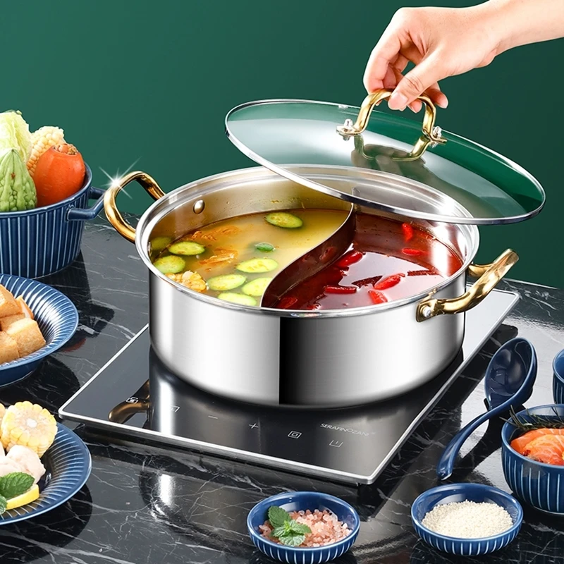 Gas Induction Cooker Mandarin Duck Hot Pot Home Stainless Steel Thick Bottom Hotpot Shabu Round Chafing Dish Cooking Cookware