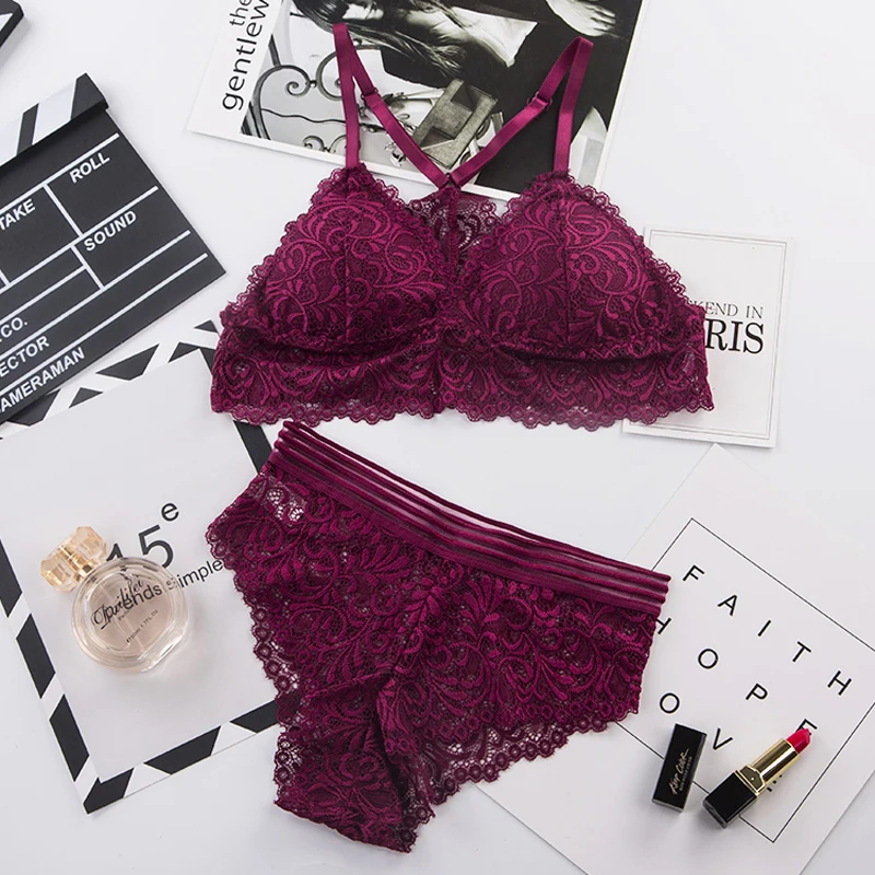 Wire Free Bra Set Lace Top Lingerie Sets Soft Women Bralette Tops Cross Back Underwea Bra and Panty Set  Sport Push Up Bilizna