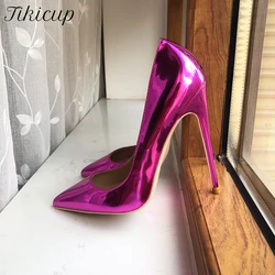 Tikicup lucido viola donna brevetto punta a punta tacco alto scarpe da festa di nozze 8cm 10cm 12cm personalizza pompe a Stiletto lucide da donna