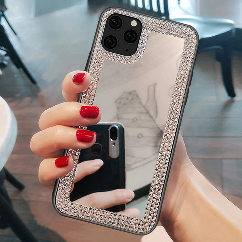 Women Rhinestone Diamond Mirror Case For iPhone 14 13 12 11 Pro Max XR XS Case Luxury For iPhone 17 16 15 Pro Max Makeup Cover