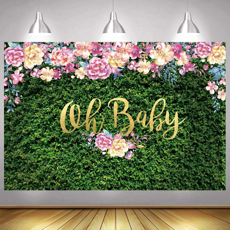 Oh Baby Backdrop Newborn Green Grass Happy Birthday Party Photography Background Flower Photographic Banner