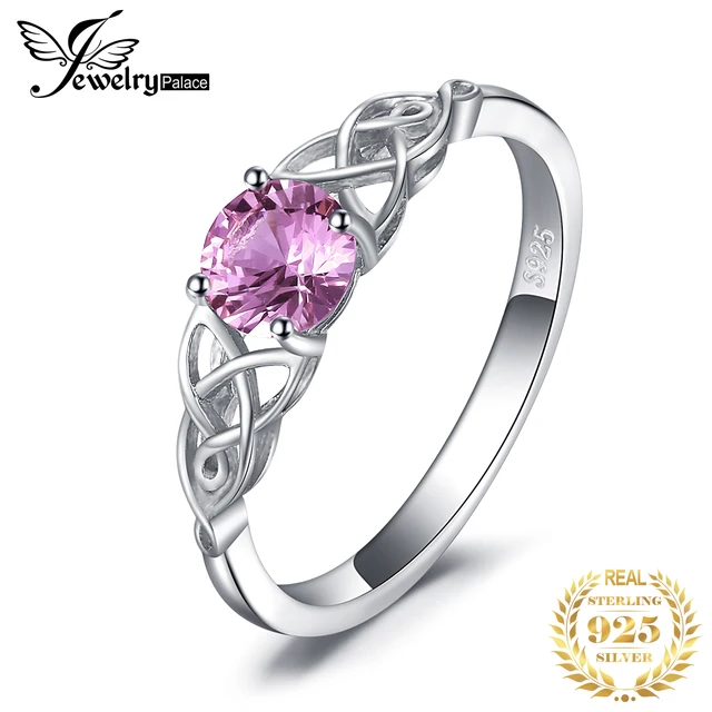 JewelryPalace węzeł celtycki stworzony różowy szafir 925 srebrny pierścionek dla kobiet obietnica pierścionek zaręczynowy piękna biżuteria na prezent