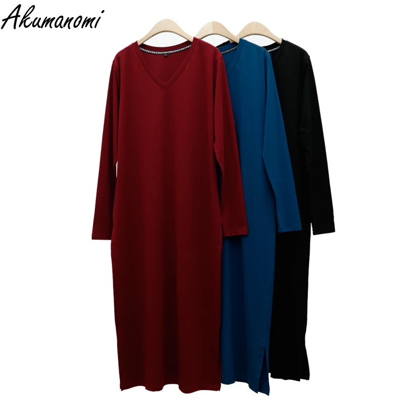 Vestido largo de punto de algodón para mujer, talla grande 6xl, 7xl, 8xl, 9xl, 10xl, informal, otoño, primavera, negro, cuello en V, manga larga