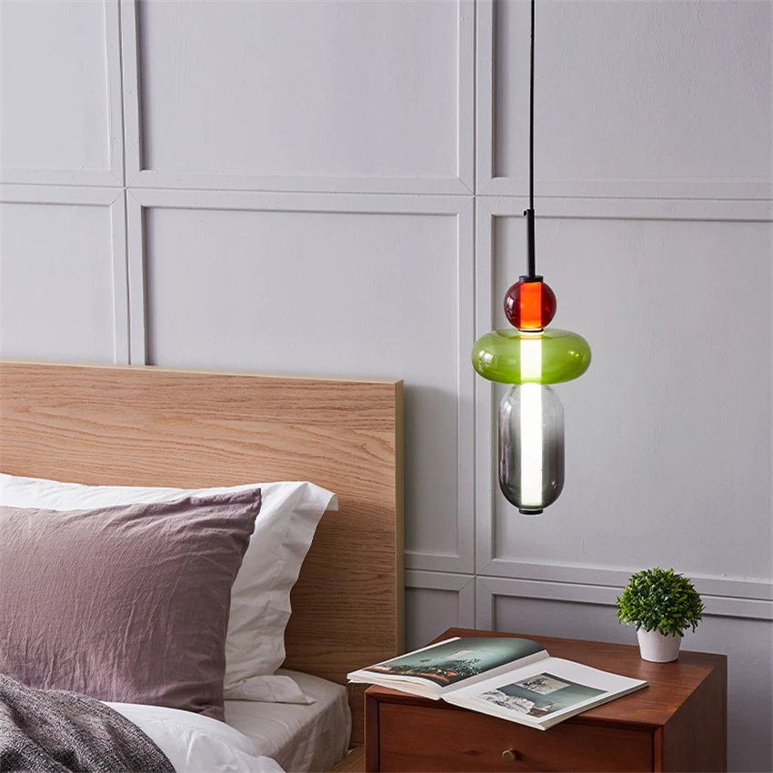 Modern Candy Colored Glass String Pendant Lights Nordic Glass Ball Luxury Bedroom Bedside Hotel House Pendant Lamps LED Lighting