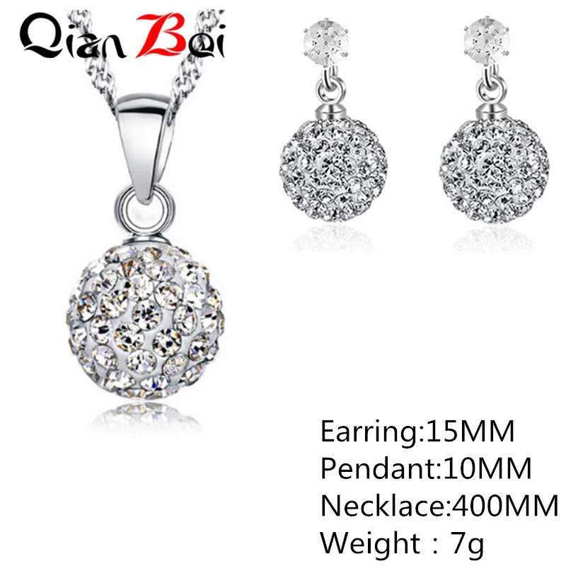 QianBei Hot Sale 13 Color 10MM Pendant Necklace Earrings Ball Crystal Earring Necklace Set For Women Fashion Jewelry Gifts