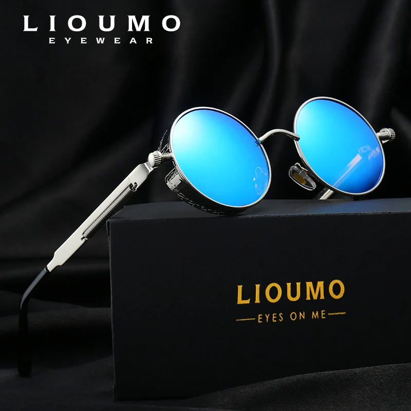 High Quality Classic Gothic Steampunk Sunglasses Polarized Men Women Vintage Round Glasses Metal Frame Blue UV400 lentes de sol