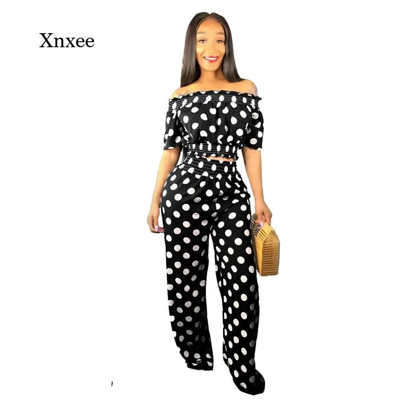 Summer Women's Two-Piece Solid Color Polka Dot Office Lady Style Oblique Collar Short Top Off-Shoulder Stretch Wide-Leg Pants