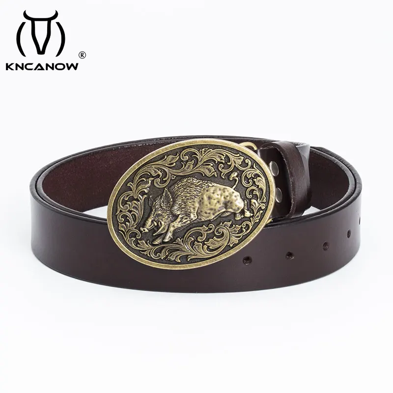 Fashion Men Jeans Cowskin Belt Wild Boar Buckle Waistband Male Novelty Pig Hebilla Metal Oval Animal Style Cowboy Ceinture Homme