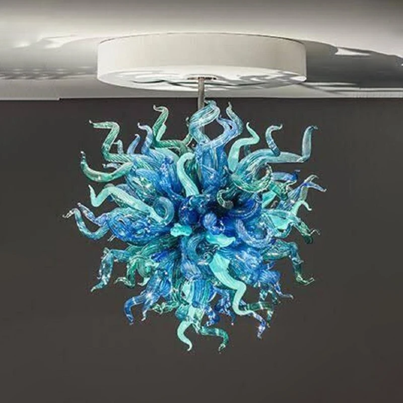 Round Lamps Hand Blown Glass Chandeliers Blue and Green Glass Lampshades 28 Inches Led Italy Pendant Lighting