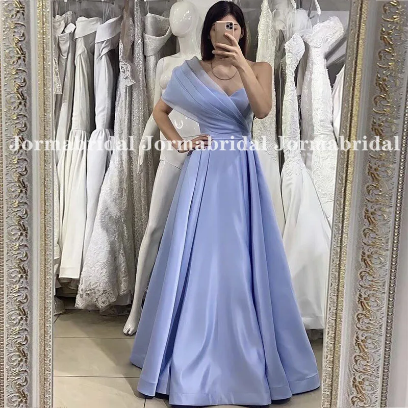 

Lavender Satin Prom Dress Long Vestidos De Festa Simple A-Line Pleat Organza One Shoulder Formal Wedding Evening Party Gowns