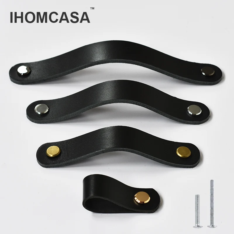 IHOMCASA Black Leather Knobs  Cupboard Shoe Cabinet Cowhide Pulls Handle American Style Furniture Wardrobe Drawer Door Knob