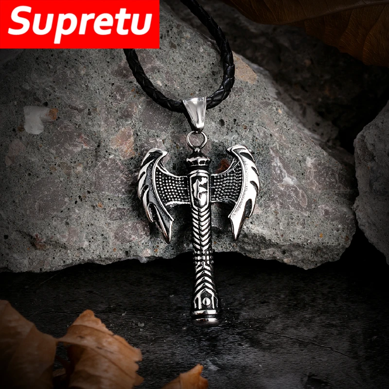 Punk Viking Double Edged Ax Necklace Men Stainless Steel Self-defense Wing Amulet Pendant Hatchet Scandinavian Jewelry Male Gift